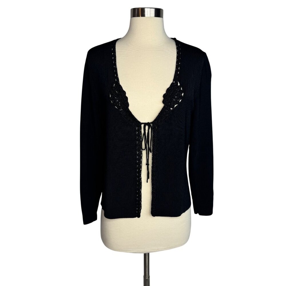 Vintage Talbots Black Tie‎ Front Cardigan - Crochet Trim Slinky Oversized Small